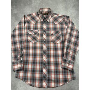 Roper Plaid Western Pearl Snap Front Shirt Men's L Long Sleeve Orange Grey Rodeo